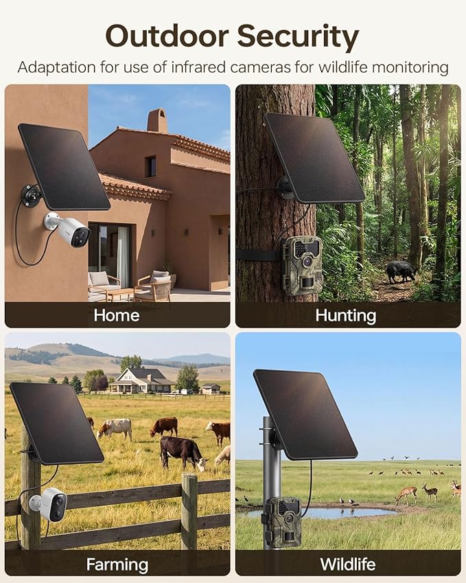 KJK 6W Solar Panel for Security Cameras – Solar Battery Charger with Micro USB & USB-C, IP67 Waterproof with 360° Adjustable Mount
