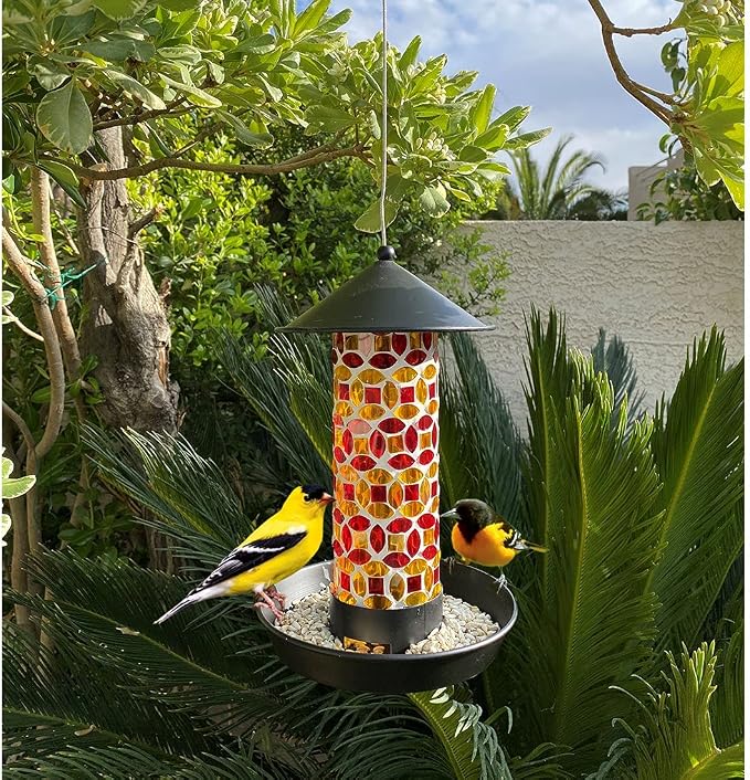 Lily's Home Outdoor Hanging Mosaic Glass Bird Feeder, Lantern Shape with Metal Hook and Roof for Wild Birds, Garden Decor for Lawn and Patio, Unique Gift for Bird Lovers(10Inch)