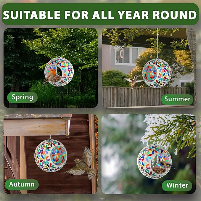 Lily's Home 5.5 Inches Glass Mosaic Hanging Bird Feeder for Outdoors Fly-Through Large Bird Feeder for Outdoor Garden Decor Backyard, Animals Lovers Gift, Multi Color Flowers