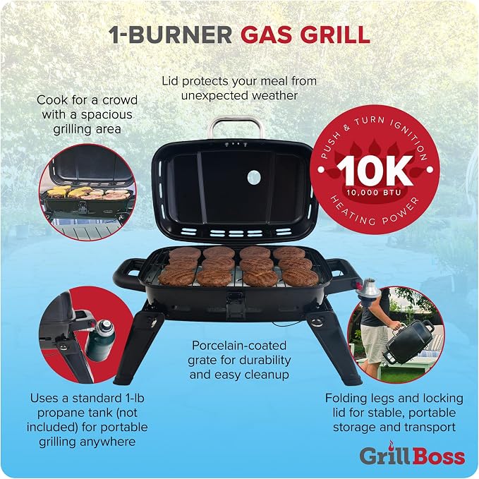 Grill Boss 1 Burner Portable Gas Grill, 10,000 BTU Propane Tabletop BBQ with Porcelain Coated Grate for Camping, Patio, and Outdoor Cooking, Black