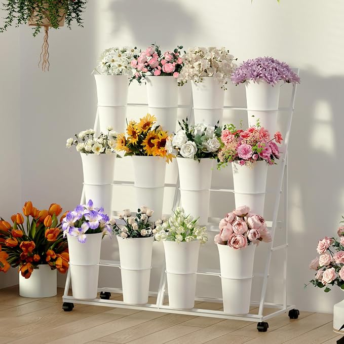 Invech Flower Display Stand with 12 Buckets and Wheels, 3 Tier Flower Cart Display Stand for Indoor Outdoor Garden, Wedding, Flower Shop (White)