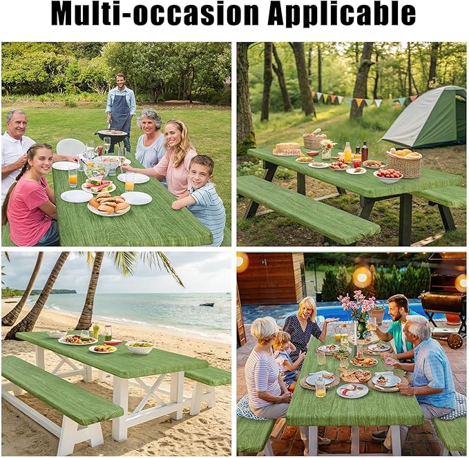 Smiry Picnic Table Cover with Bench Covers, Waterproof Elastic Fitted Tablecloth for 8 Foot Tables, Washable Polyester Tablecloths for Camping, Indoor & Outdoor (Green & Black, 30x96 Inch 3-pc Set)