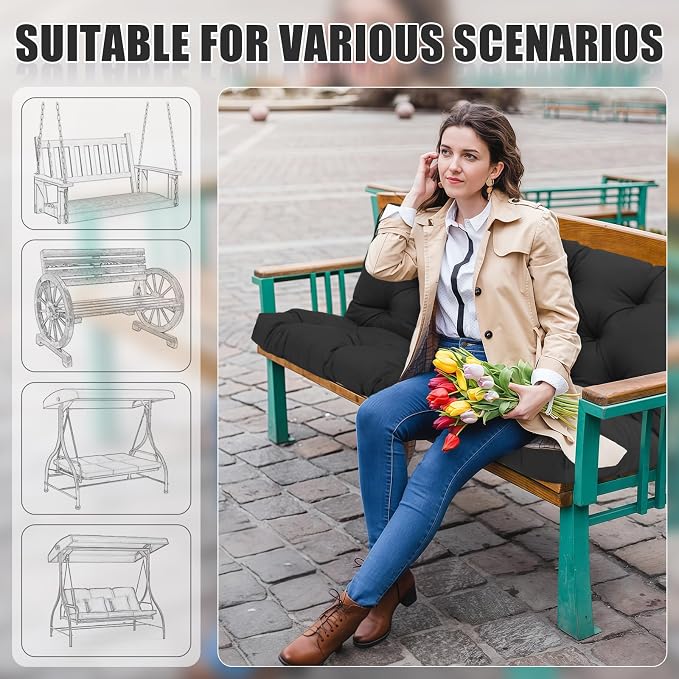 Porch Swing Cushions 2 Seater Replacement Thicken 5" Waterproof & Fade Resistant Swing Cushions for Outdoor Furniture Bench Patio Swing Cushion with Backrest & Ties(Black 48x40x5inch)
