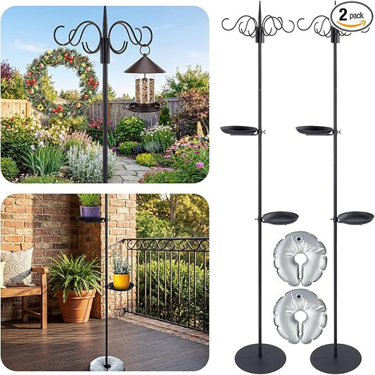 2 Sets Upgraded 75.9" Shepherds Hook for Bird Feeder, Hanging Plant Wind Chime Stand, Metal Adjustable Standing Pole Holder for Indoor Outdoor, with 2 Rack & Weight Bag (4 Hooks)