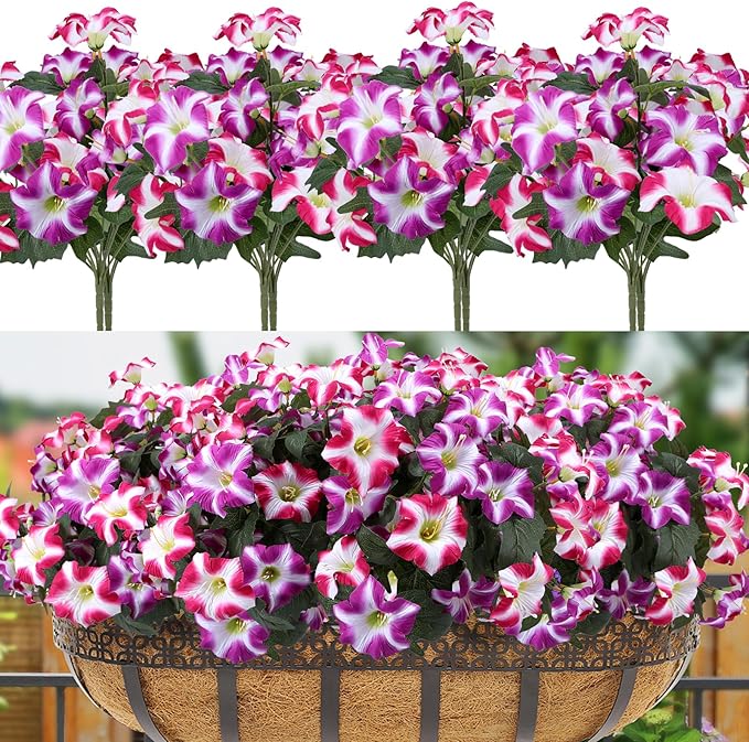 Geegoods Artificial Flowers Plants for Outdoors, 8 Bundles UV Resistant Fake Faux Petunias for Outdoor Planters Patio Front Porch Balcony Garden Decor