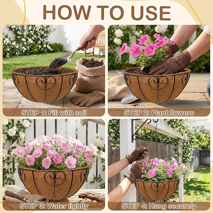 14 inch Metal Hanging Baskets for Plants Outdoor, 2 Pack Metal Wire Hanging Basket Planter with Coco Liner Flower Pots for Indoor Outdoor Garden Porch Patio, Heart-Shaped
