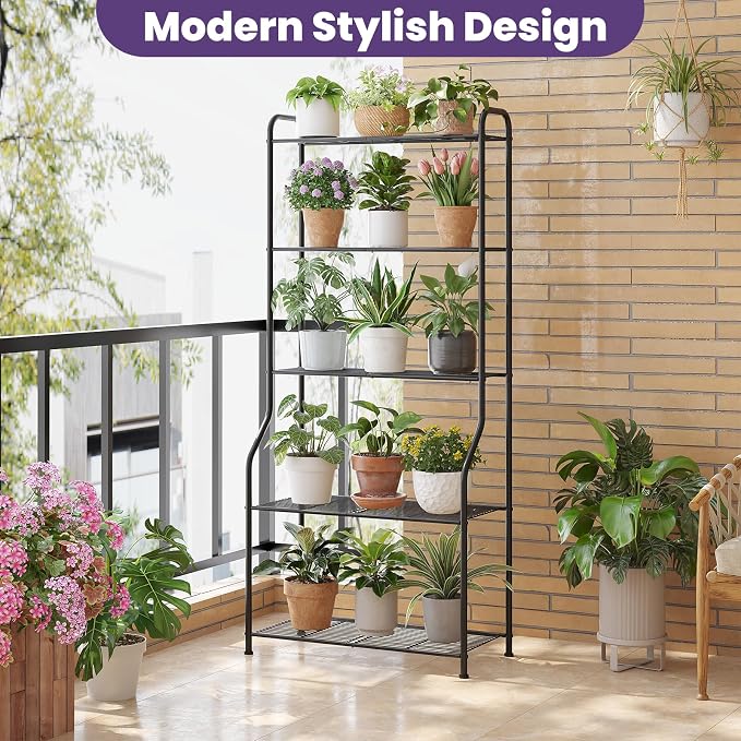 5-Tier Corner Plant Stand, Metal Black Flower Pot Rack, Indoor Outdoor Heavy Duty Shelf (Black, 5 Tier)