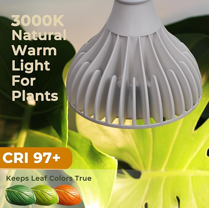 Grow Lights for Indoor Plants, 40W LED Full Spectrum Grow Bulb, 3000K Warm White (E26/E27), CRI 97+, Non-Dimmable, for Houseplants in Low-Light Rooms, White