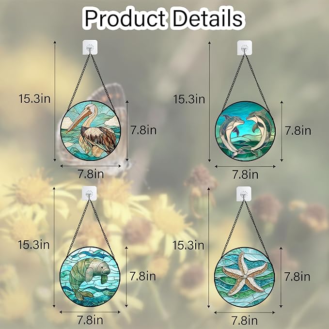 DASTOLL Stained Glass Window Hanging 4 Pcs Set Cyan Ocean Life Theme 7.8" - Sea Starfish Suncatcher Door Garden Sun Catcher Decor Birthday for Mom Woman Nana Men Friend