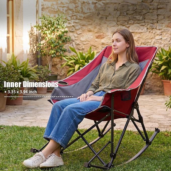 SUNNYFEEL Oversized Folding Rocking Camping Chair 2 Pack Fully Padded Patio Chair Red Portable Outdoor Rocker High Back Portable Lawn Recliner with Side Pocket Camp Rocker Chairs Heavy Duty 500 LBS