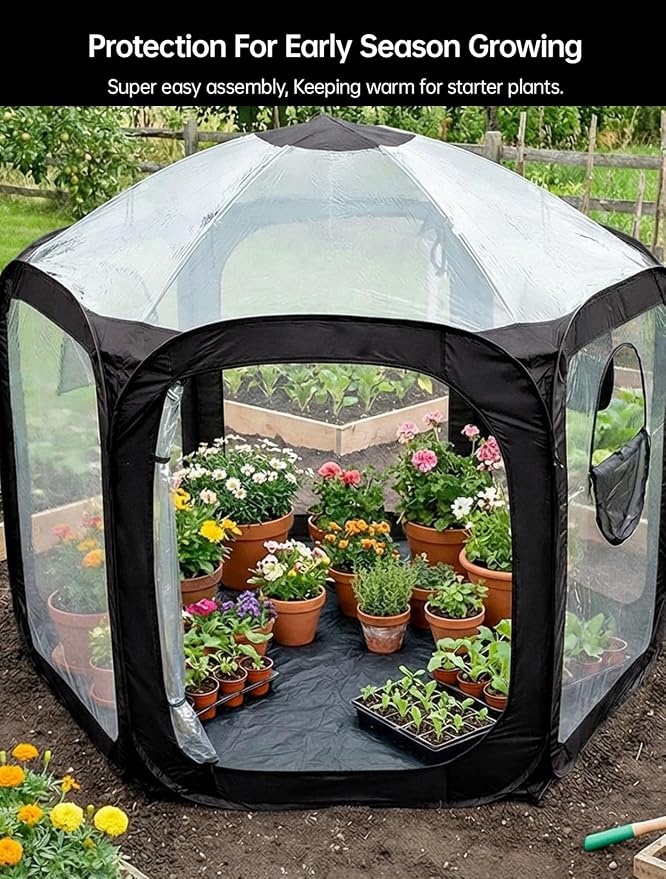 Porayhut Pop Up Greenhouse Tent,Portable Large Walk-in Plant House 10’X10’ ,Indoor Outdoor Gardening Plant Sunshine Room with PVC Mesh Cloth Cover for Protecting Plant from Cold Frost & Birds