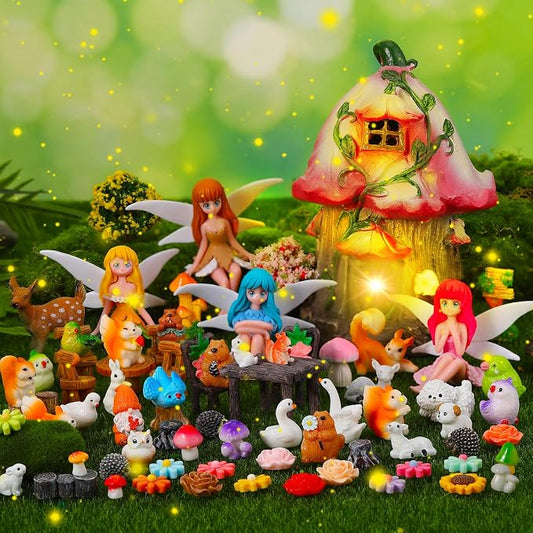 75 Pcs Fairy Garden House Resin Kit Glowing Tree House Miniature Garden Fairy Animals Decor Mini Landscape Ornaments