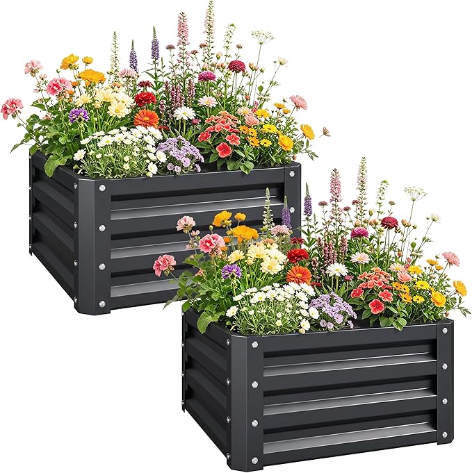Outsunny 2 Piece Galvanized Raised Garden Bed, 2' x 2' x 1' Metal Planter Box for Growing Vegetables, Flowers, Herbs, Succulents, Dark Gray