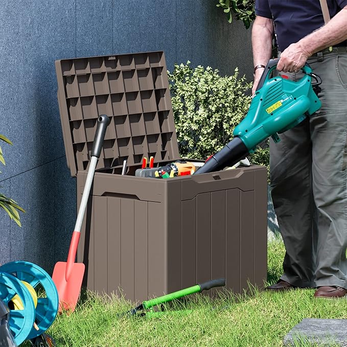 Greesum 31 Gal Resin Deck Box,Outdoor Storage for Patio,Garden Tools,Pool Supplies, Weatherproof and UV Resistant, Lockable, Dark Brown