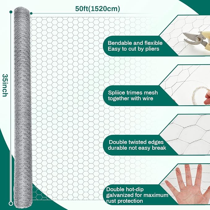 GlikCeil 36 in x 100 ft Chicken Wire Fencing Metal Floral Chicken Wire Mesh for Crafts Poultry Garden, 1 Inch Hexagonal Galvanized Hardware Cloth Netting for Poultry Coop Barrier Rabbit Cage(Silver)
