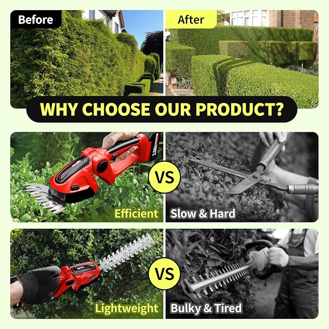 FULLYEA Cordless Hedge Trimmer & Grass Shears, 2-in-1 Electric Shrub Trimmer/Grass Trimmer with 2 Batteries, Handheld Grass Cutter Bush Trimmer, Battery Powered Hedge Trimmer for Garden,Lawn,Yard