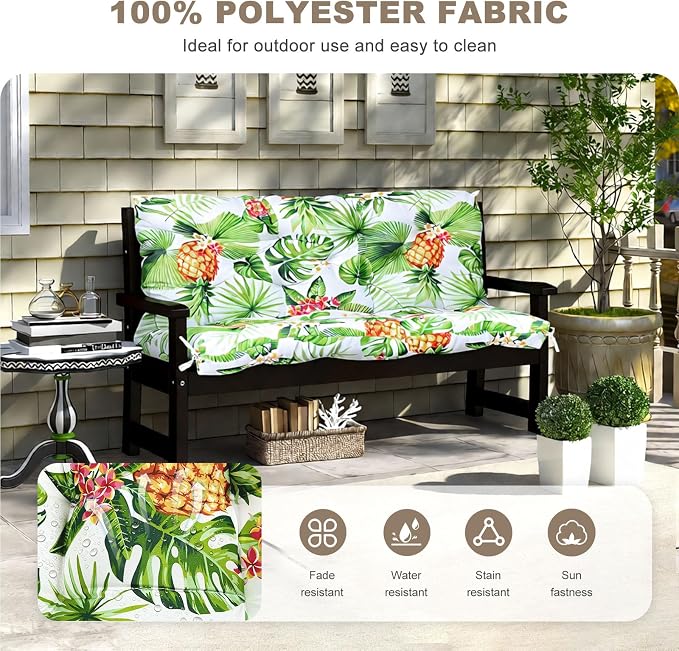 Porch Swing Cushion with Backrest,Waterproof Bench Cushion for Outdoor Furniture,2-3 Seater Replacement Thickened Swing Cushion with Ties,Patio,Outdoor,Backyard and Garden (Tropical Pineapple,47x40")