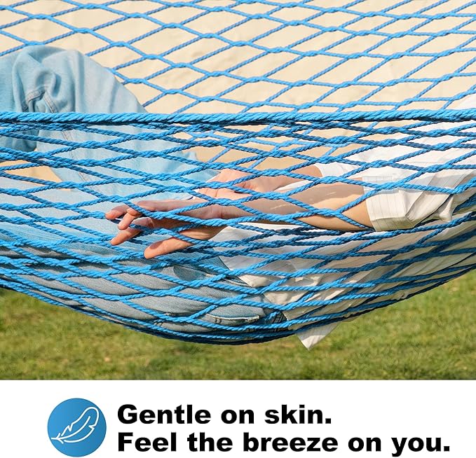 GAFETE 12ft Family Hammocks, Handwoven Traditional Cotton Rope Hammock with Hardwood Spreader Bar, Chains and Hooks for Indoor Outdoor, Max 450 lbs Capacity(Lake Aqua, Large)