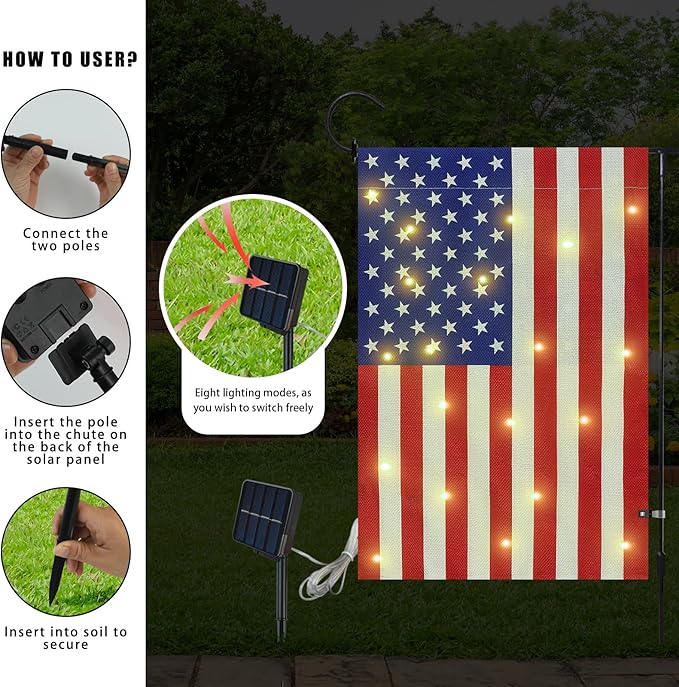 Lighted American Garden Flag 12 x 18 Inch Double Sided Burlap Led 4th of July USA Garden Flag for Independence Day Party Yard Outdoor Decoration