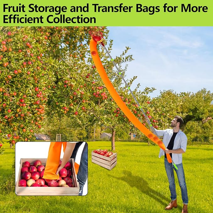 UQM 12.8FT Fruit Picker Pole with Basket Harvest Bag, 40-154 Inch Adjustable Length Apple Picker Pole with Basket, Portable Fruit Picker Basket for Apples Oranges Figs Mangoes Pears