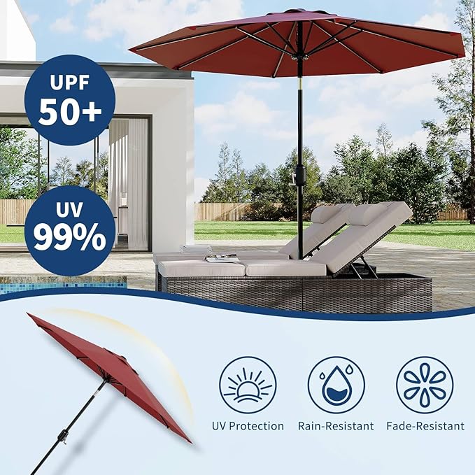 10 ft Patio Umbrella - 8 Sturdy Ribs Outdoor Table Umbrella with Crank Lift & Push Button Tilt - Market Umbrella for Pool, Deck, Yard, Garden - Red