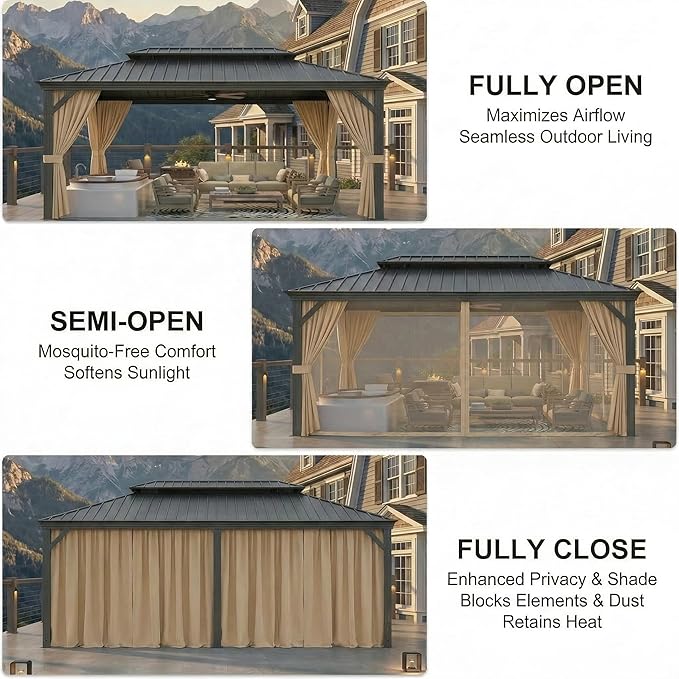 HOTEEL 10x15 Hardtop Gazebo On Clearance with Galvanized Steel Double Roof,Heavy Duty Gazebo with Flame-Retardant Curtain & Netting, Permanent Pavilion Outdoor for Patio, Frame Thickened, Brown
