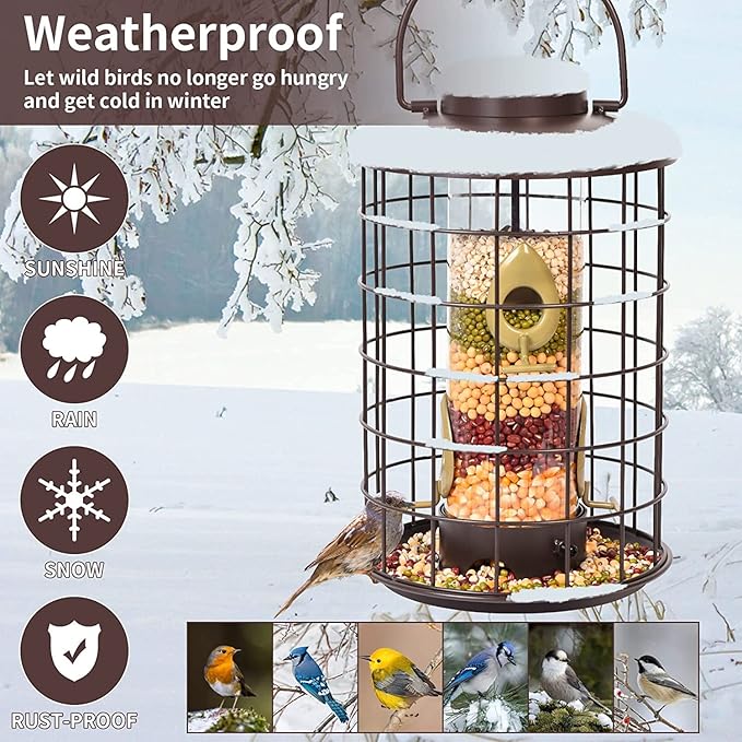 Mosloly Caged Bird Feeders Metal - 3 Lbs - Squirrel-Proof Wild Bird Feeders, Clear Tube Feeders Hanging Outside Starling Proof, Detachable Cleaning, 4 Feed Ports(Copper)