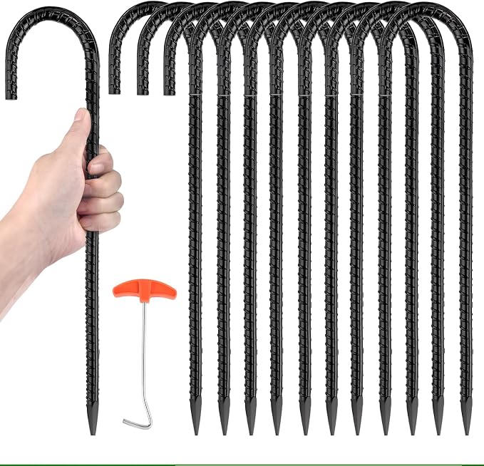 12" Trampoline Ground Wind Stakes Anchors High Wind Heavy Duty, 12 Pack J-Shaped Rebar Tent Stakes for Camping Tents, Soccer Goals,Fences, Swing, Landscape,Garden Decoration (J-12Pack)