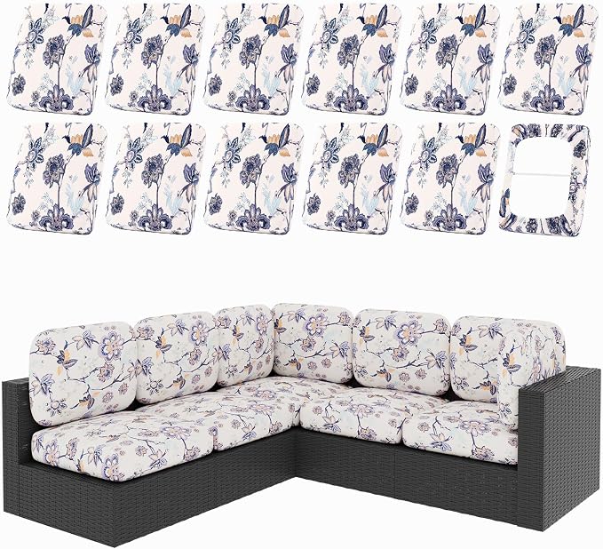 hyha 12Pcs Patio Cushion Covers, Stretch Outdoor Couch Cushion Covers, Washable Outdoor Chair/Sofa Slipcovers for Patio Furniture Cushions Protector with Elastic Bottom(Vintage Flower,Cover Only)
