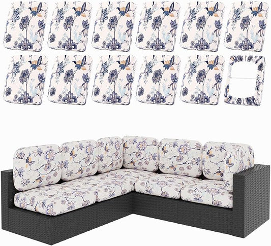 hyha 12Pcs Patio Cushion Covers, Stretch Outdoor Couch Cushion Covers, Washable Outdoor Chair/Sofa Slipcovers for Patio Furniture Cushions Protector with Elastic Bottom(Vintage Flower,Cover Only)
