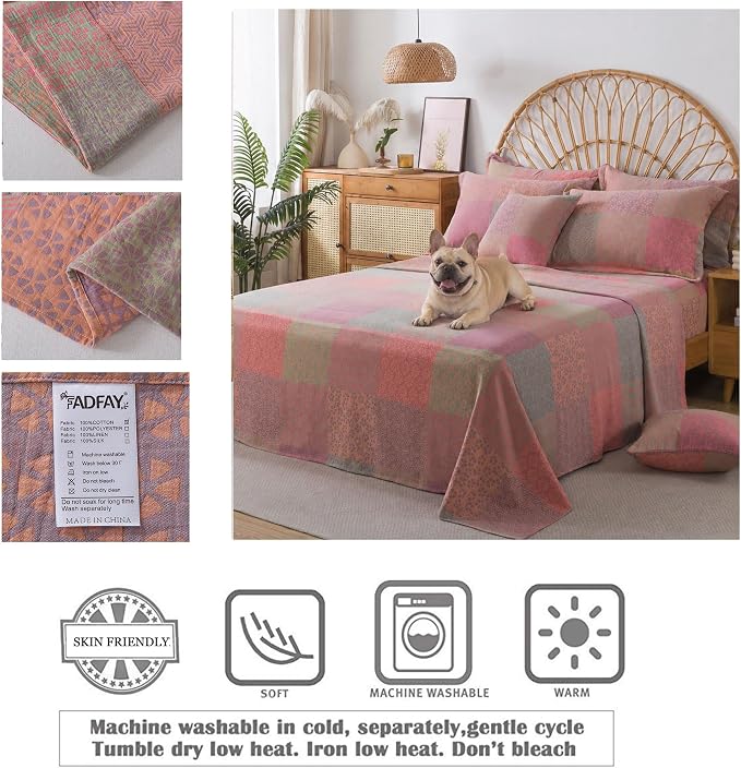 FADFAY Queen Sheets Set 100% Cotton Washed Double Gauze Muslin Bedding 4Pcs Boho Patchwork Checkered Floral Sheets Shabby Geometry Farmhouse Bedding Super Soft Deep Pocket Fitted Sheet, Queen Size