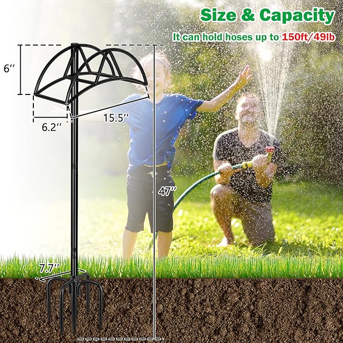 Gtongoko Garden Hose Holder with Upgrade 5 Prongs Base Freestanding Water Hose Holders for Outside Holds 150ft Hose Heavy Duty Metal Hose Hanger Sturdy Detachable Hose Stand Organizer Yard Black