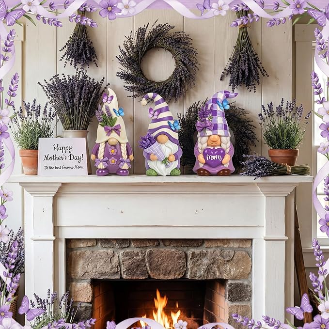 Simgoing 6 Pcs Mother's Day Gnomes Resin Purple Lavender Figurines Best Mom Ever Lavender Gnomes Statues Table Decor Gift for Mom Spring Home Tabletop Centerpieces Mothers Day Tiered Tray Decoration