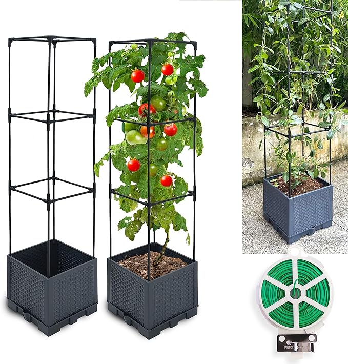 2 Pack Raised Garden Bed Planter Box with Trellis, 44" Self Watering Tomato Planter Box for Climbing Vegetable Flowers and Plants, Tomato Pot for Indoor Outdoor Patio Garden Planter Use