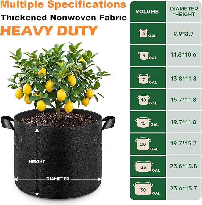 Songrey 10-Pack 10 Gallon Grow Bags, Thickened Nonwoven Fabric Pots with Handles, Heavy Duty Garden Planter for Tomato, Vegetables and Flower