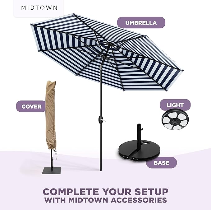 Midtown Umbrellas - 10-Year-No-Fade 9 Ft Patio Umbrella with Terylast Fabric, Auto-Tilt Aluminum Frame and 8 Reinforced Ribs for Deck, Pool, Garden & Beach - Navy Stripes Canopy, Black Pole
