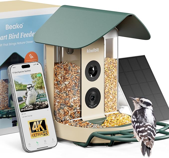 Kiwibit Smart Bird Feeder 4K AI Camera with Solar Panel, Bird Species Identification, 8MP Photos, 4K Video Livestream, Real-Time Bird Alerts, Birdwatching Gifts for Bird Lovers, Forest Birch