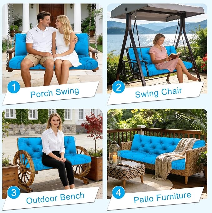 Porch Swing Cushions 70 inch Waterproof & Fade Resistant Thicken 5" Outdoor Swing Cushions 3 Seater Replacement with Backrest & Ties Patio Swing Cushions for Outdoor Furniture (Lake Blue)