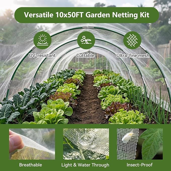Garden Netting Kit for Raised Beds, 10x50FT Ultra Fine Mesh Netting＆ 6 Sets of 8FT Fiberglass Garden Hoops, Row Cover Insect Netting for Vegetable Plant Fruit Flowers Protection