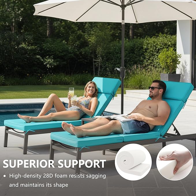 80 x 26 Inch Outdoor Chaise Lounge Cushions Set of 4 - Removable Cover, 4-Section Design, Water-Repellent & Fade-Resistant, 6 Tie Straps, Replacement for Patio & Pool Chairs - Teal