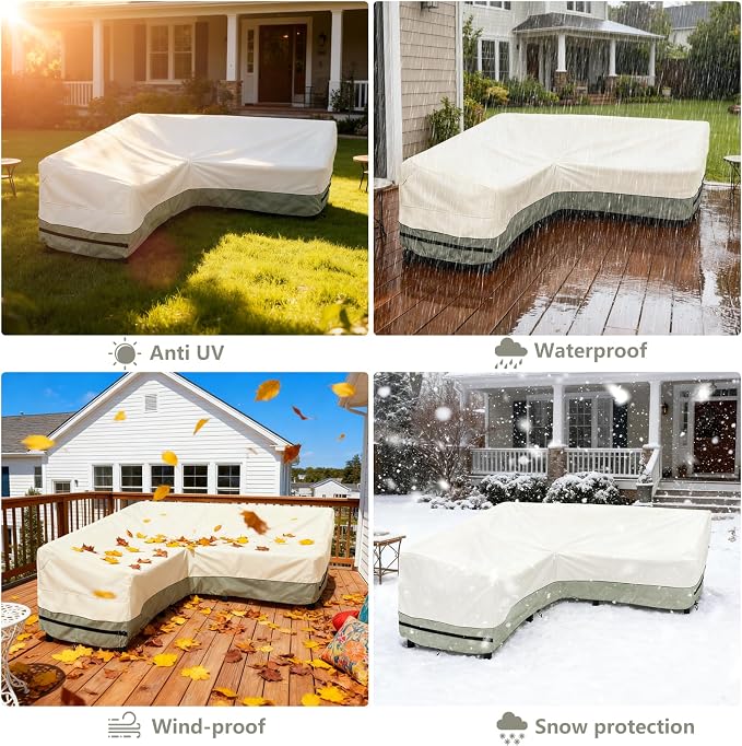 okcool Outdoor Sectional Cover,V Shaped Patio Furniture Covers for 5-Seater Outdoor Sectional Furniture Couch 85"(85''L) x 33.5''D x 31''H,White&Grayish Green