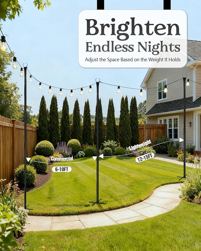 Breeze Touch 4-Pack 10 Ft Reinforced String Light Poles for Outdoor Use, Heavy-Duty Metal Poles with V-Fork Tops for Patio, Deck, Backyard, Garden, Wedding, Party