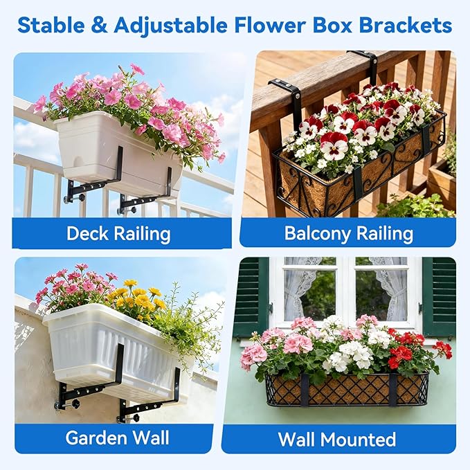 Halatool Window Box Brackets, 2 Pack Adjustable Flower Planter Box Brackets, Heavy Duty No Drill Window Box Brackets with 75 lb Capacity for Outdoor Railings, Balcony, Porch, Fence, and Garden