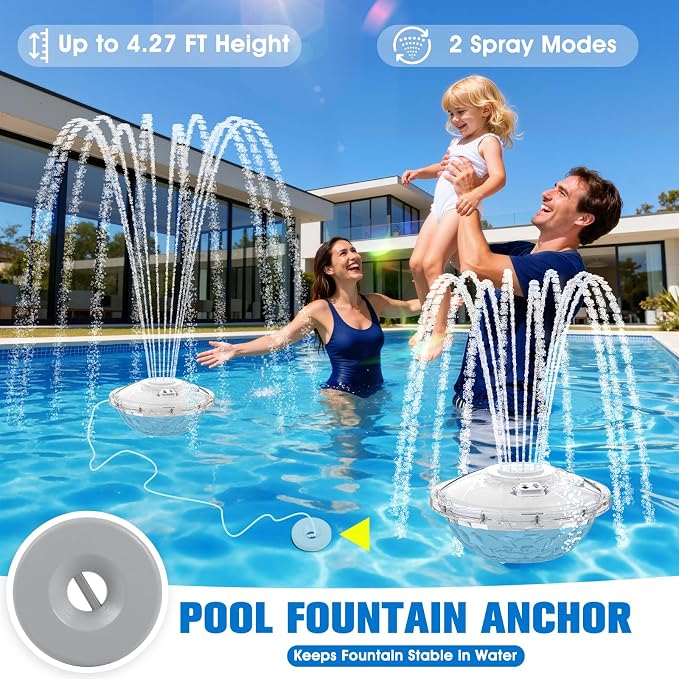 2026 Upgraded Pool Fountain,Rechargeable Pool Water Fountain with Light,Floating LED Pool Fountain,4FT Spray Swimming Pools Fountains Pump for Above Ground & Inground Pools Fountains-White