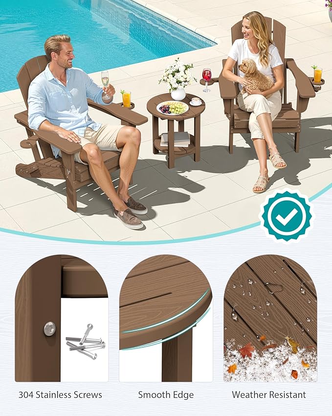 SERWALL Round Adirondack Side Table, 16.5" Double Outdoor Side Table, HDPE Small End Tables for Backyard Pool Porch Garden Lawn, Brown