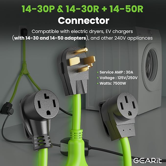 GEARit 30A 4-Prong Power Splitter - ETL Listed - NEMA 14-30P to Dual 14-30R & 14-50R Heavy Duty Dryer & EV Adapter for Electric Vehicles and Laundry