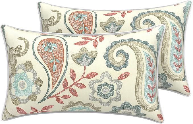 LVTXIII 2 Pack Outdoor Lumbar Pillow Covers 12x20 Inch with Piping, Water-Repellent Back Cushion Covers ONLY for Patio Furniture, Sofa, Garden Bench, Paisley Vintage
