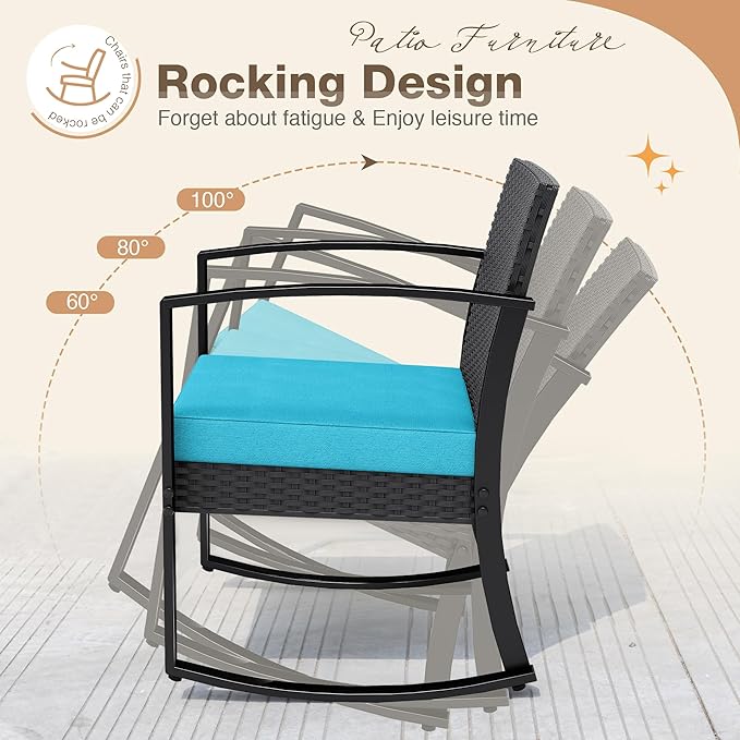 Greesum 3 Piece Outdoor Bistro Set, Imitation Rattan Conversation Set, Patio Furniture with Glass Top Coffee Table for Pool, Deck, Porch, Garden or Balcony, Bright Blue