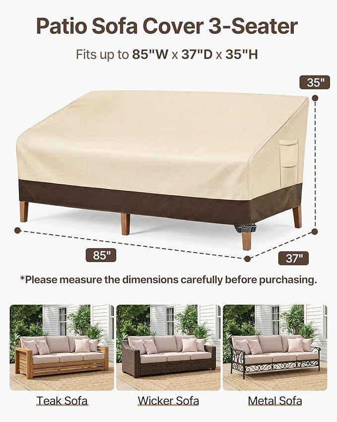 Vailge Heavy Duty Patio Sofa Cover, 100% Waterproof 3-Seater Outdoor Sofa Cover,Lawn Patio Furniture Covers with Air Vent and Handle,60"W x 35"D x 35" H,Beige&Brown