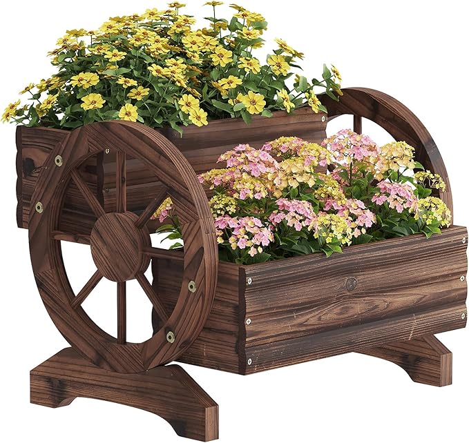 Wooden Wagon Planter Flower Cart Farm Stand Garden Decor Planter for Outdoor Patio Balcony Decoration,Rustic Farmhouse Wishing Well Decor Succulent Planter Indoor Backyard (Carbonized)